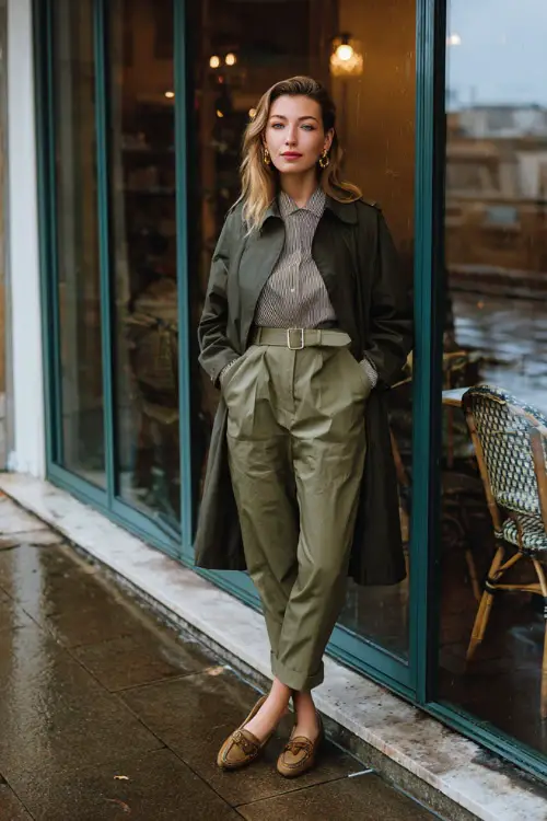 A woman wearing a belted raincoat over tailored trousers and a simple blouse, styled with loafers and minimal accessories