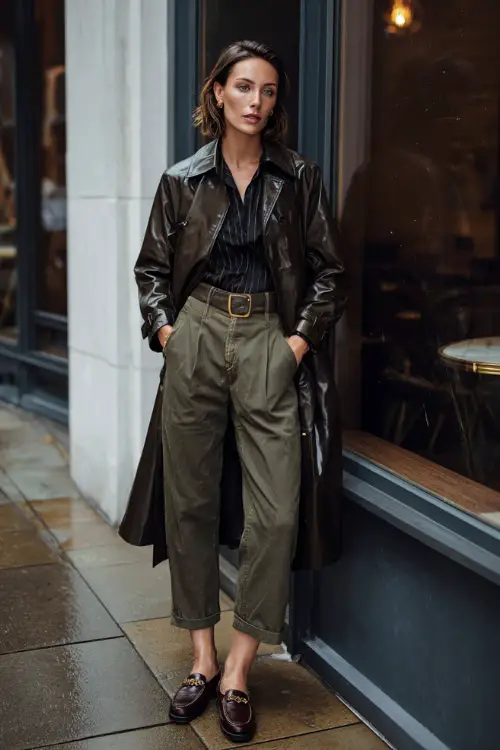 A woman wearing a belted raincoat over tailored trousers and a simple blouse, styled with loafers and minimal accessories