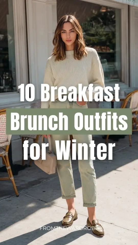 A woman wearing a breakfast brunch outfit with a soft knit sweater tucked into high-waisted straight-leg jeans, styled with loafers and a structured handbag