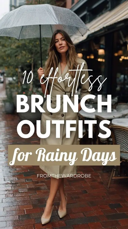 A woman wearing a brunch outfit for a raindy day with a midi dress styled with a belted coat and closed-toe block heels