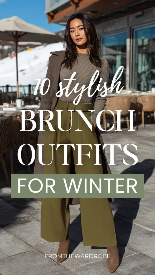 A woman wearing a brunch outfit for winter with a fitted knit top paired with wide-leg trousers, layered with a belted coat and ankle boots