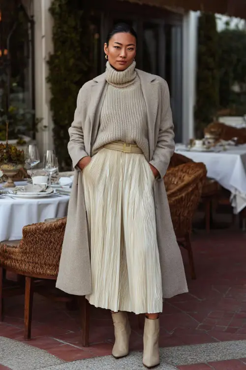A woman wearing a cashmere sweater tucked into a pleated midi skirt, layered with a long coat and ankle boots, posing in an elegant winter brunch environment