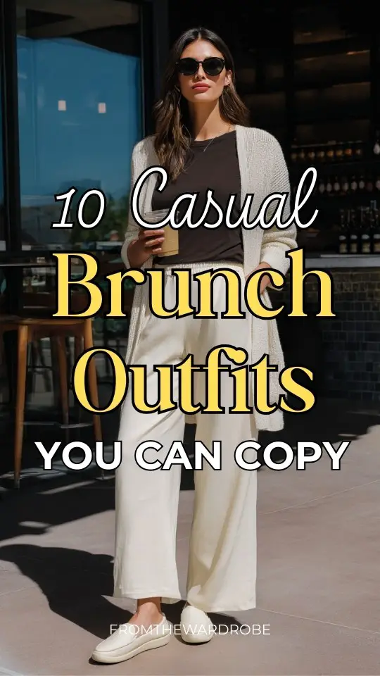 A woman wearing a casual brunch outfit with wide-leg pants with a tucked-in tee and lightweight cardigan, styled with slip-on shoes