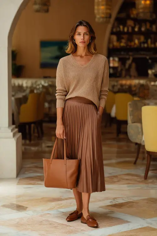 A woman wearing a casual knit top tucked into a pleated midi skirt, styled with loafers and a leather tote, standing in an elegant morning brunch environment