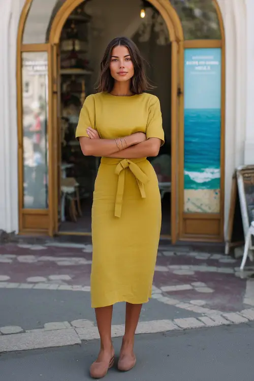 A woman wearing a casual midi dress with short sleeves, styled with flat sandals and minimal jewelry, standing in front of a bright café entrance