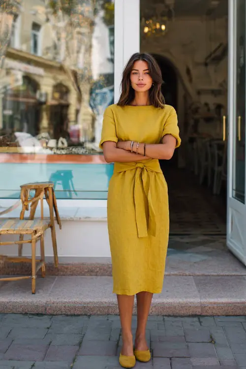 A woman wearing a casual midi dress with short sleeves, styled with flat sandals and minimal jewelry, standing in front of a bright café entrance