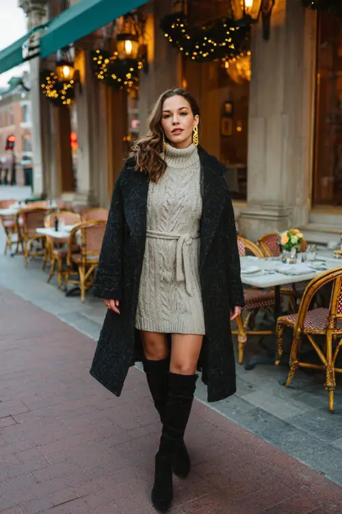 A woman wearing a chic sweater dress cinched at the waist, layered with a tailored wool coat and styled with knee-high boots and statement earrings 