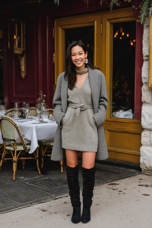 A woman wearing a chic sweater dress cinched at the waist, layered with a tailored wool coat and styled with knee-high boots and statement earrings