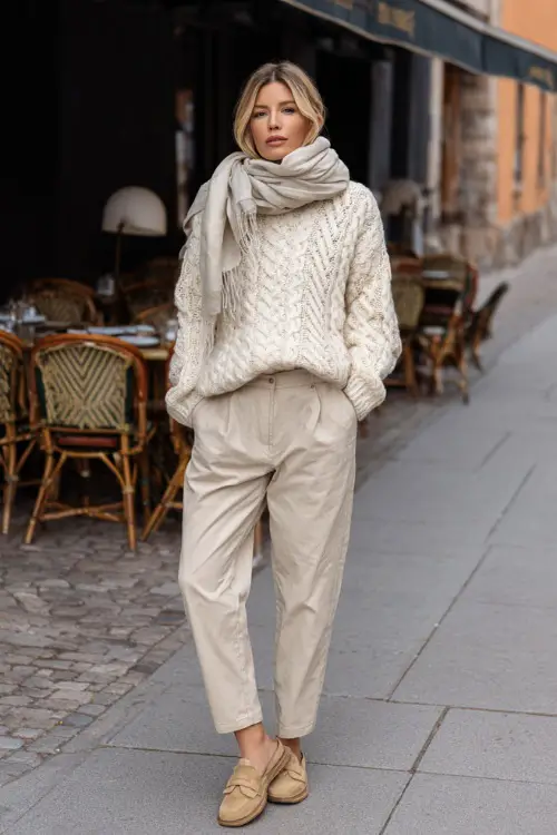 A woman wearing a chunky knit sweater with straight-leg trousers, styled with loafers and a scarf, standing on a quiet city street near a brunch spot in winter 
