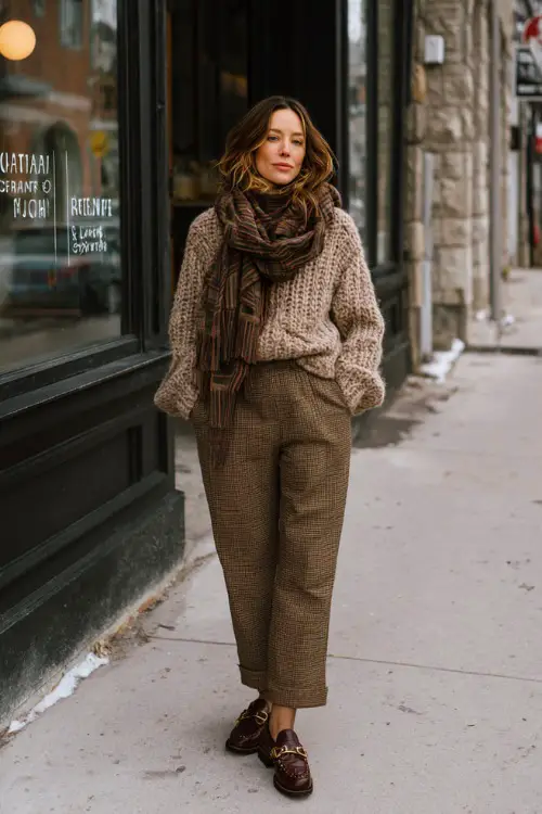 A woman wearing a chunky knit sweater with straight-leg trousers, styled with loafers and a scarf, standing on a quiet city street near a brunch spot in winter