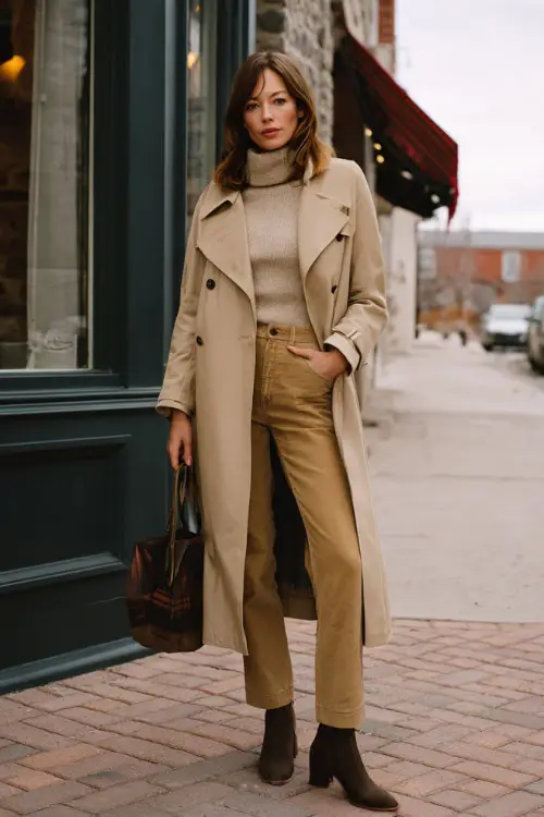 A woman wearing a classic trench-style wool coat layered over a knit top and straight-leg pants, styled with ankle boots and a structured handbag 
