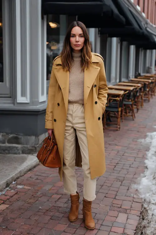 A woman wearing a classic trench-style wool coat layered over a knit top and straight-leg pants, styled with ankle boots and a structured handbag