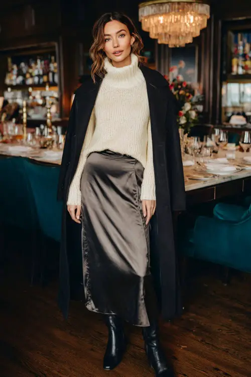 A woman wearing a cozy cashmere sweater tucked into a satin midi skirt, layered with a long coat and ankle boots 