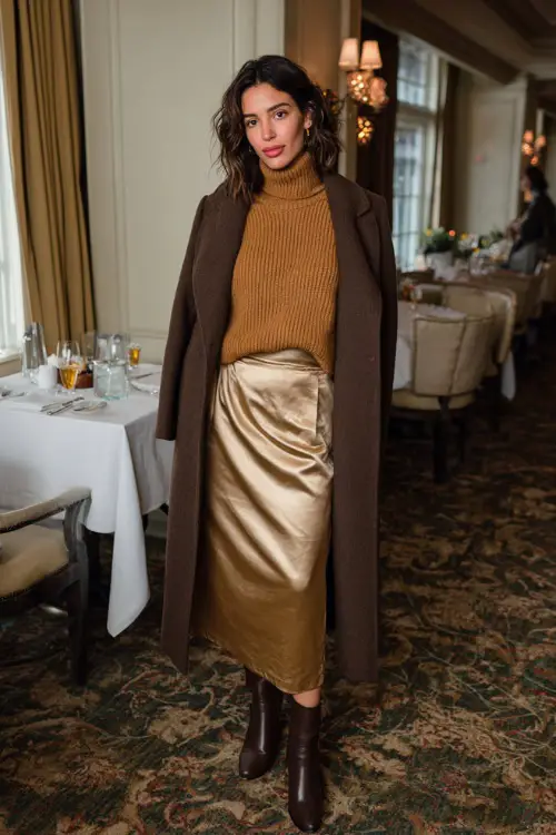 A woman wearing a cozy cashmere sweater tucked into a satin midi skirt, layered with a long coat and ankle boots
