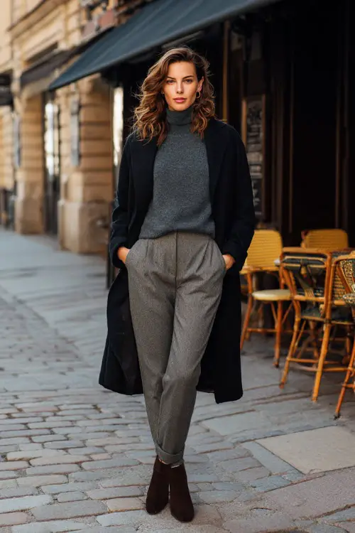 A woman wearing a cozy cashmere sweater tucked into tailored trousers, layered with a wrap coat and styled with ankle boots