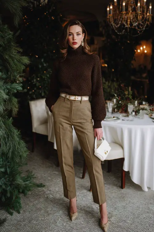A woman wearing a cozy knit sweater paired with tailored trousers and a statement belt, styled with pointed-toe heels and a small handbag 