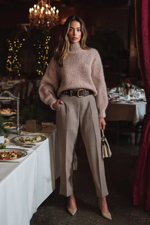 A woman wearing a cozy knit sweater paired with tailored trousers and a statement belt, styled with pointed-toe heels and a small handbag