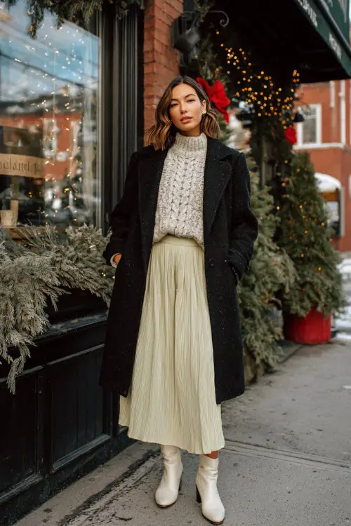 A woman wearing a cozy knit sweater tucked into a pleated midi skirt, layered with a tailored wool coat and styled with ankle boots