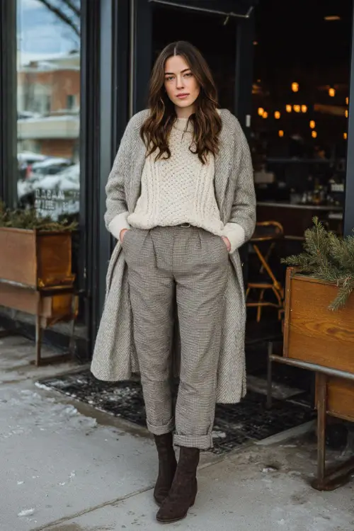 A woman wearing a cozy knit sweater tucked into tailored trousers, layered with a long wool coat and styled with ankle boots