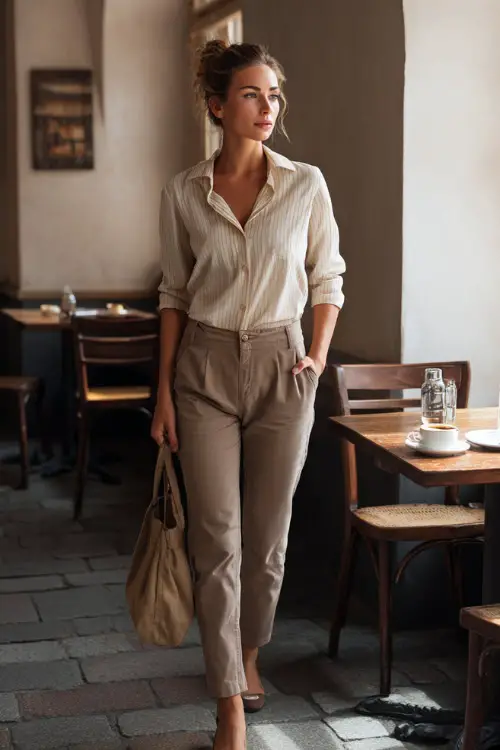 A woman wearing a crisp button-down shirt styled with tailored trousers and ballet flats, carrying a small shoulder bag, standing in a calm breakfast café setting