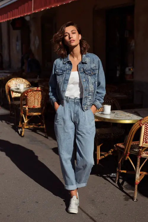 A woman wearing a denim jacket layered over a simple top and straight-leg jeans, styled with low-top sneakers, standing near café tables in natural daylight
