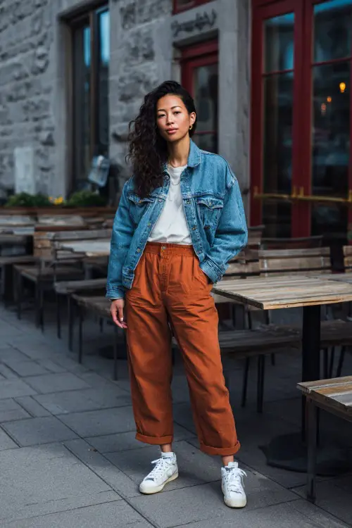 A woman wearing a denim jacket layered over a simple top and straight-leg jeans, styled with low-top sneakers, standing near café tables in natural daylight