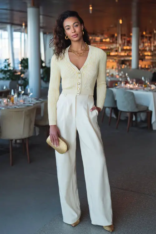 A woman wearing a fitted cardigan buttoned up and styled with wide-leg trousers, accessorized with gold jewelry and a clutch 