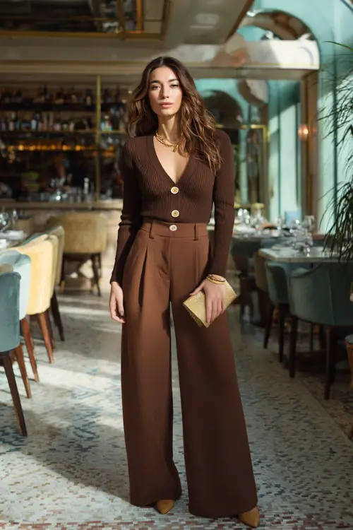 A woman wearing a fitted cardigan buttoned up and styled with wide-leg trousers, accessorized with gold jewelry and a clutch 