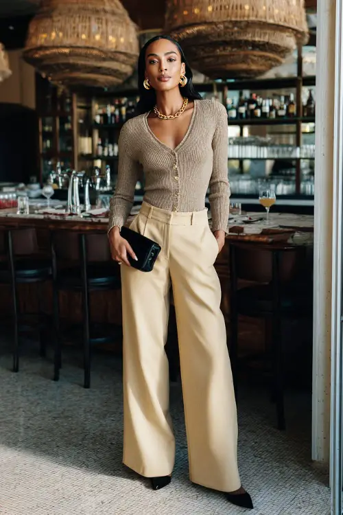A woman wearing a fitted cardigan buttoned up and styled with wide-leg trousers, accessorized with gold jewelry and a clutch
