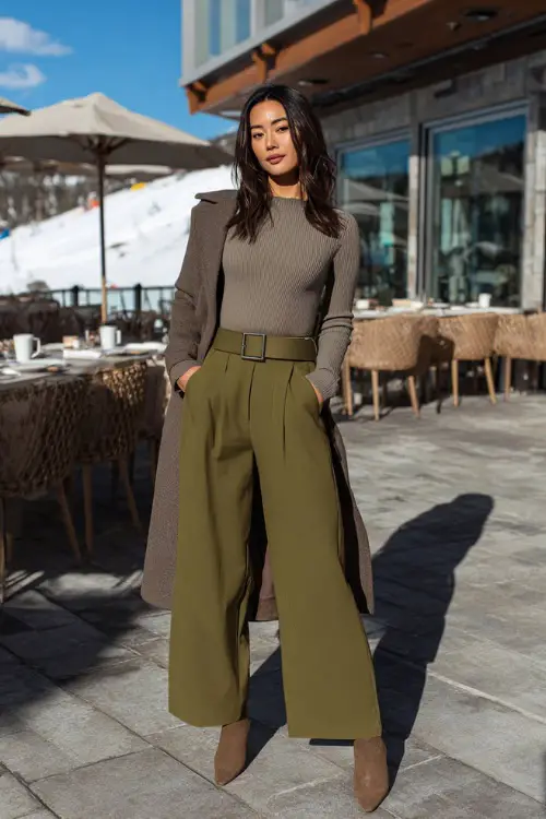 A woman wearing a fitted knit top paired with wide-leg trousers, layered with a belted coat and ankle boots, standing in a modern outdoor brunch setting during winter daylight