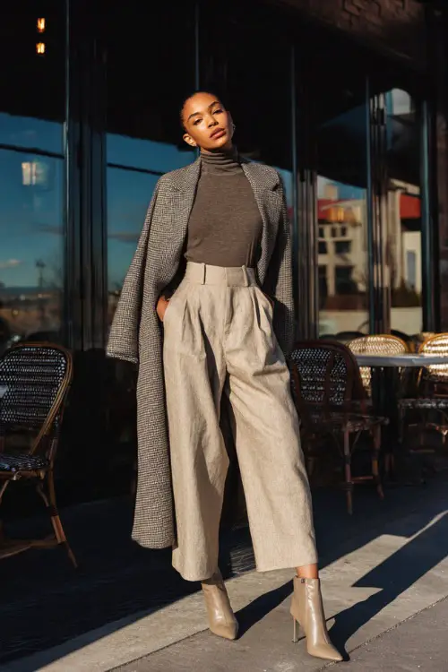 A woman wearing a fitted turtleneck tucked into wide-leg trousers, layered with a long elegant coat and heeled ankle boots 