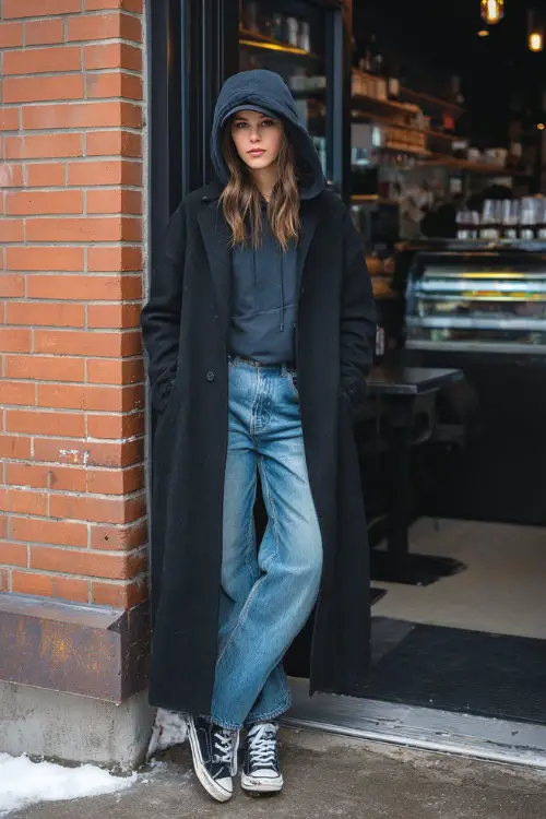 A woman wearing a hoodie layered under a long coat, styled with straight-leg jeans and sneakers, standing outside a modern brunch café during winter