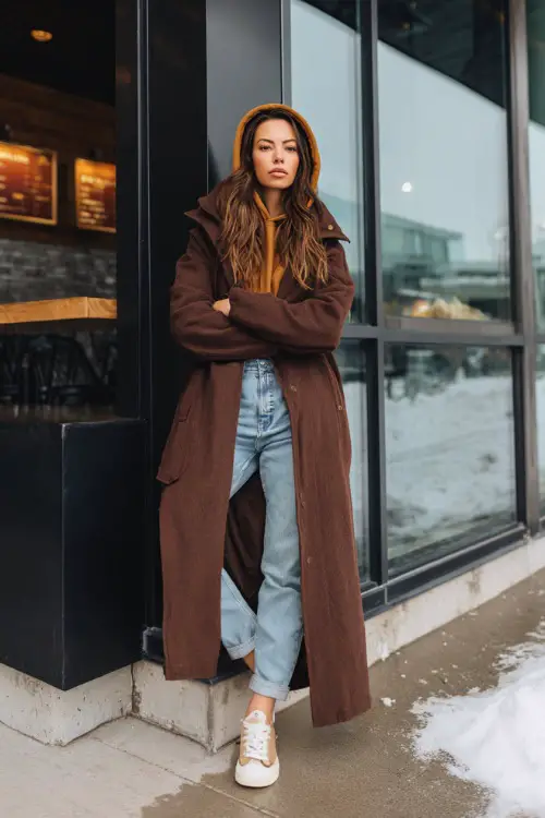 A woman wearing a hoodie layered under a long coat, styled with straight-leg jeans and sneakers