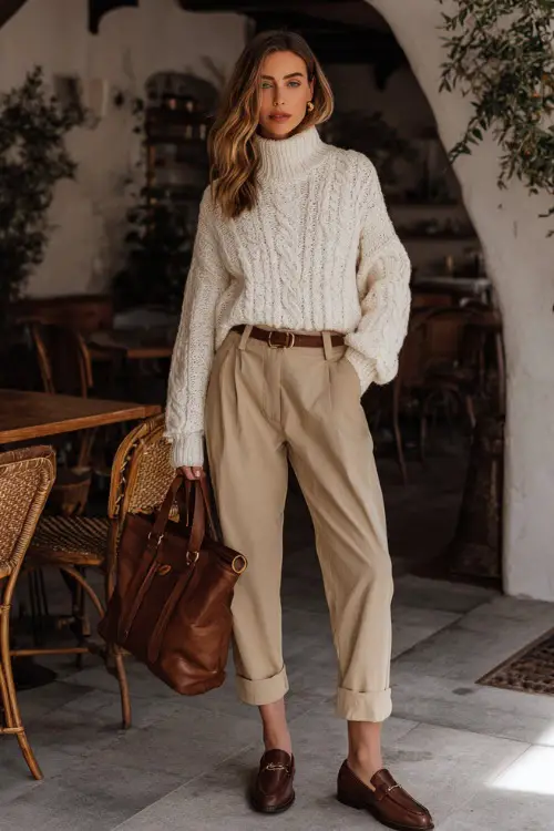 A woman wearing a knit sweater tucked into relaxed-fit pants, styled with loafers and a leather tote, standing in a cozy winter brunch setting 