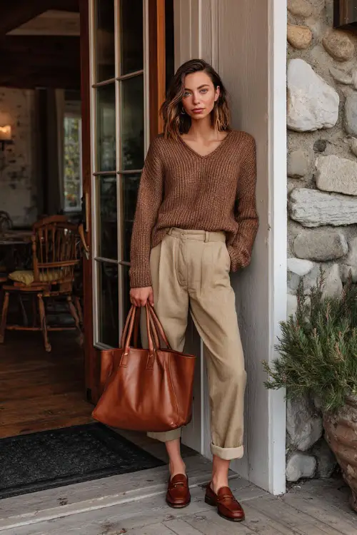 A woman wearing a knit sweater tucked into relaxed-fit pants, styled with loafers and a leather tote, standing in a cozy winter brunch setting