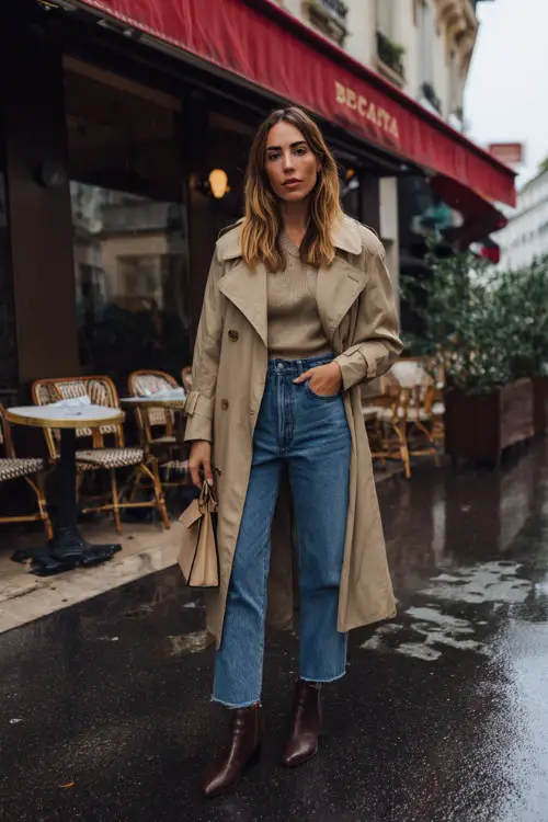 A woman wearing a lightweight trench coat layered over a knit top and straight-leg jeans, styled with ankle boots and a structured handbag 