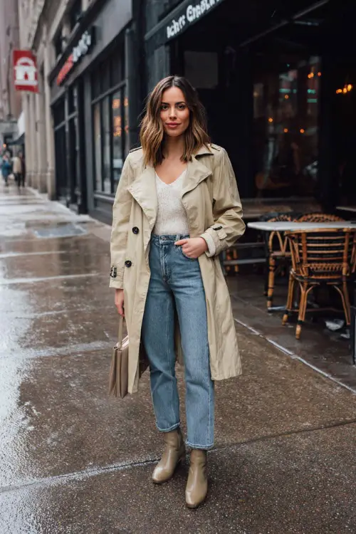 A woman wearing a lightweight trench coat layered over a knit top and straight-leg jeans, styled with ankle boots and a structured handbag