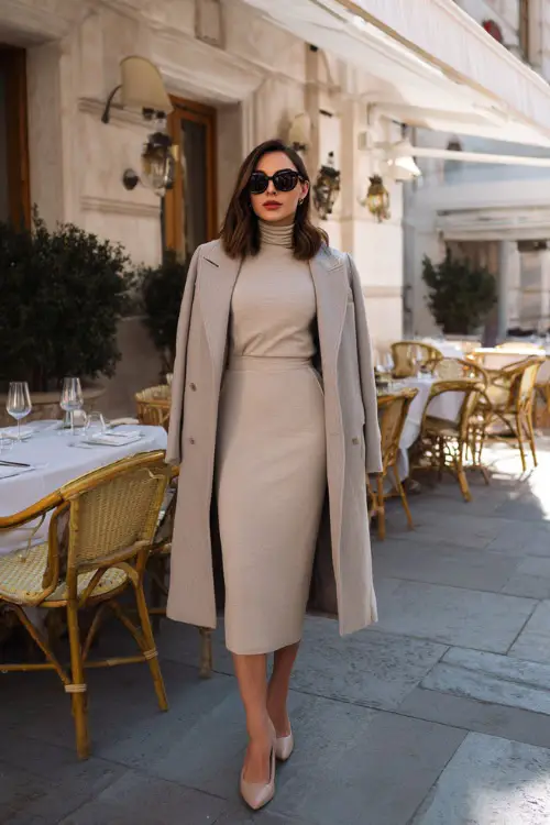 A woman wearing a long-sleeve midi dress in soft neutral tones, layered with a tailored coat and styled with classic pumps, standing outside a stylish winter brunch restaurant