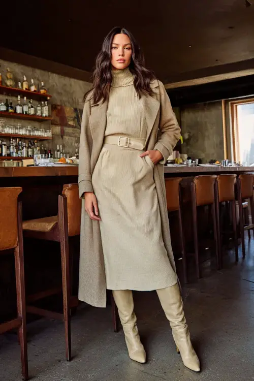 A woman wearing a long-sleeve midi dress layered with a belted coat and finished with knee-high boots, standing in a stylish winter brunch environment 