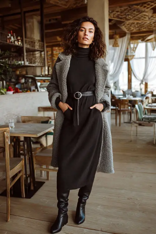 A woman wearing a long-sleeve midi dress layered with a belted coat and finished with knee-high boots, standing in a stylish winter brunch environment