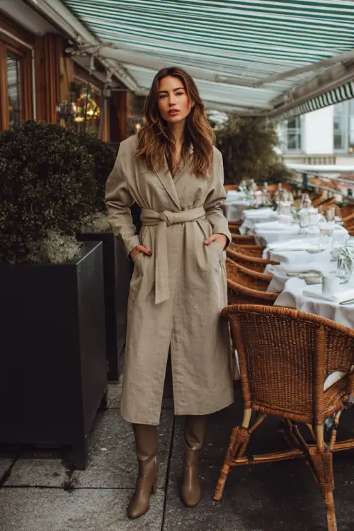 A woman wearing a long-sleeve midi dress layered with a belted coat and finished with knee-high boots, standing near an outdoor brunch terrace in winter