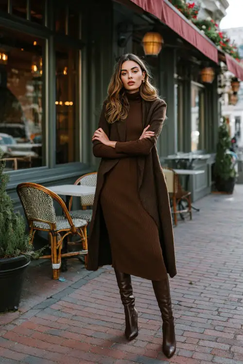 A woman wearing a long sleeve midi dress styled with knee-high boots and a structured coat, standing on a quiet street near a winter brunch café