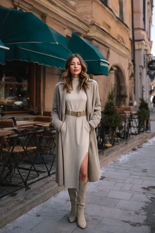 A woman wearing a long sleeve midi dress styled with knee-high boots and a structured coat, standing on a quiet street near a winter brunch café