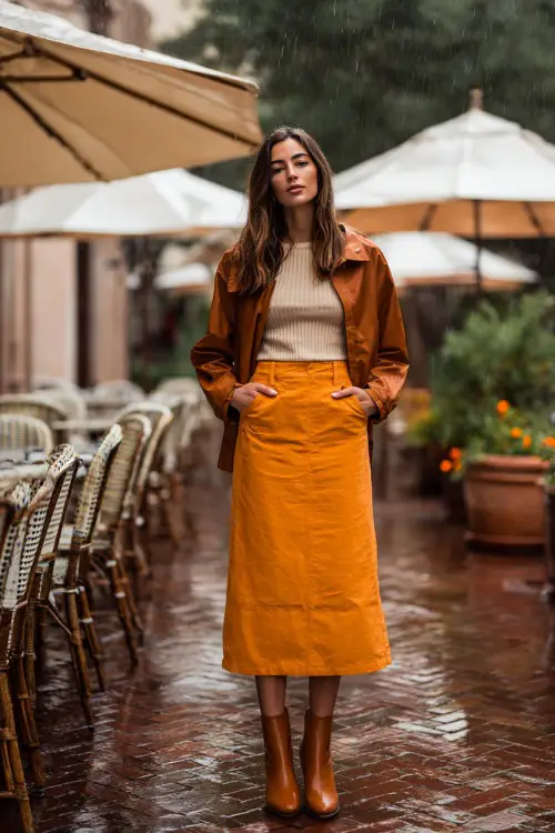A woman wearing a long-sleeve midi skirt paired with a fitted knit top and a cropped waterproof jacket, styled with ankle boots 