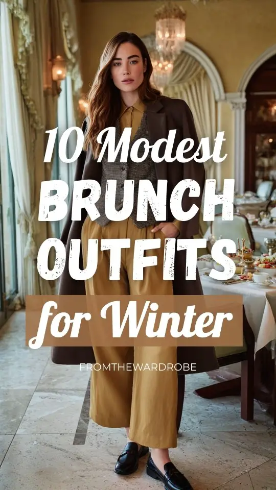 A woman wearing a modest brunch outfit with wide-leg trousers paired with a long-sleeve blouse and a lightweight knit vest, layered with a structured coat and loafers