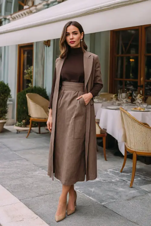 A woman wearing a modest long-sleeve midi dress with a defined waist, layered with a structured coat and styled with low block heels 
