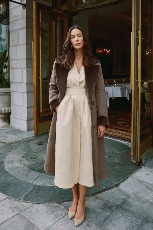 A woman wearing a modest long-sleeve midi dress with a defined waist, layered with a structured coat and styled with low block heels 
