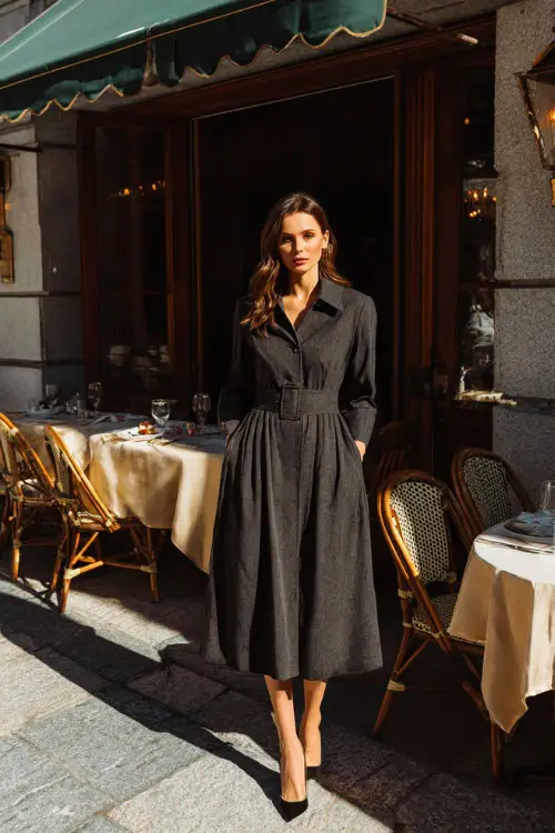 A woman wearing a modest long-sleeve midi dress with a defined waist, layered with a structured coat and styled with low block heels