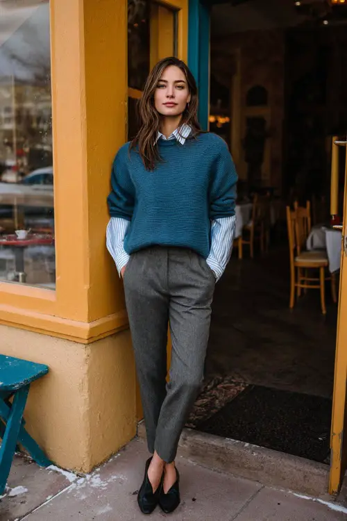 A woman wearing a modest sweater layered over a collared shirt, paired with straight-leg trousers and classic flats, standing outside a neighborhood winter brunch spot