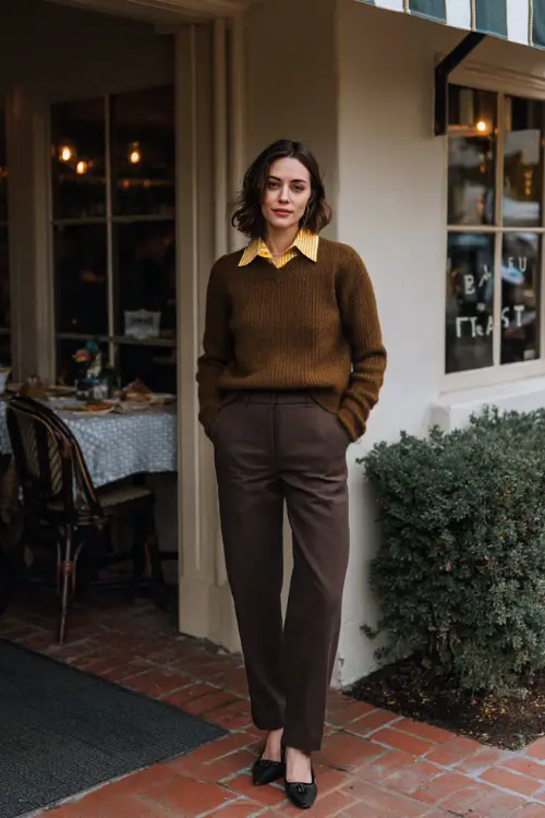 A woman wearing a modest sweater layered over a collared shirt, paired with straight-leg trousers and classic flats, standing outside a neighborhood winter brunch spot